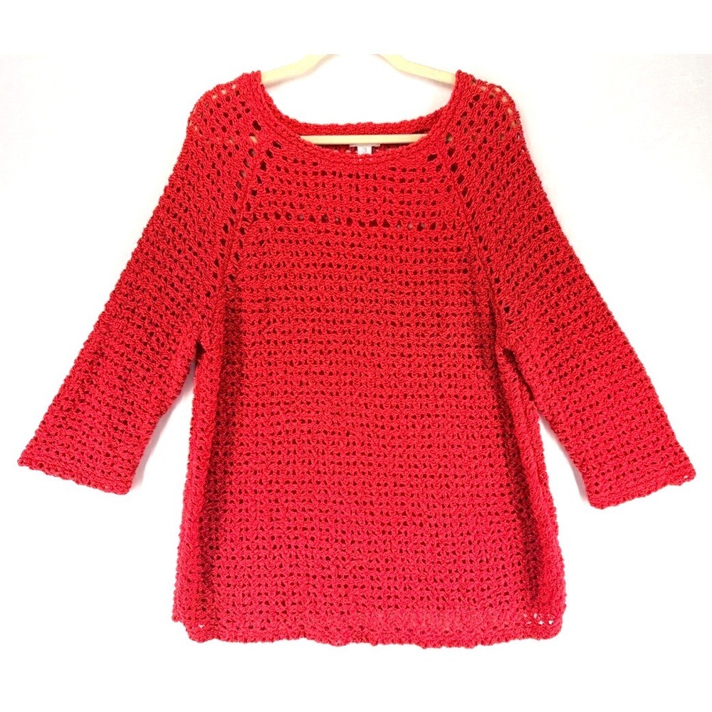 Chicos Red Orange Open Knit Sweater Sz 3 XL Boho Beach Vacation Cover Tunic Top